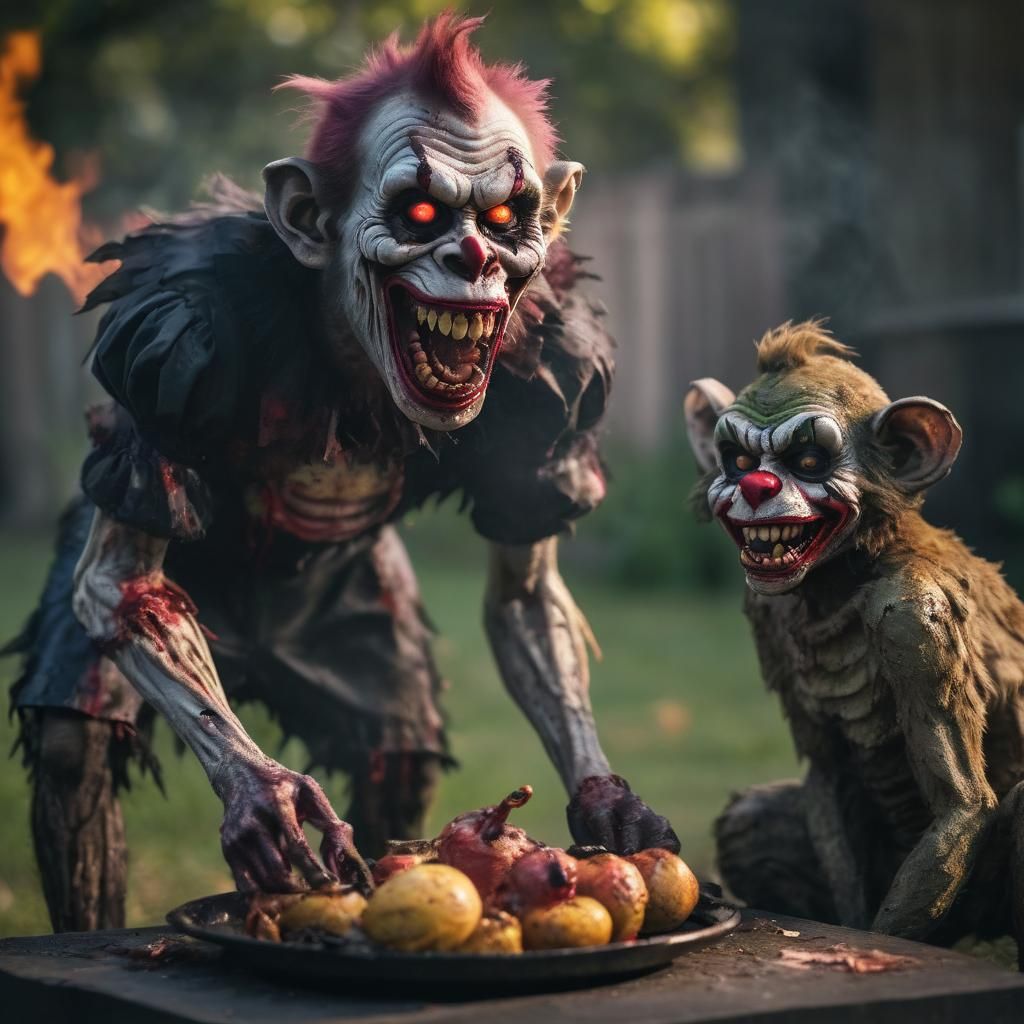 Grotesque Zombie Monkey Clown Grilling a Cat