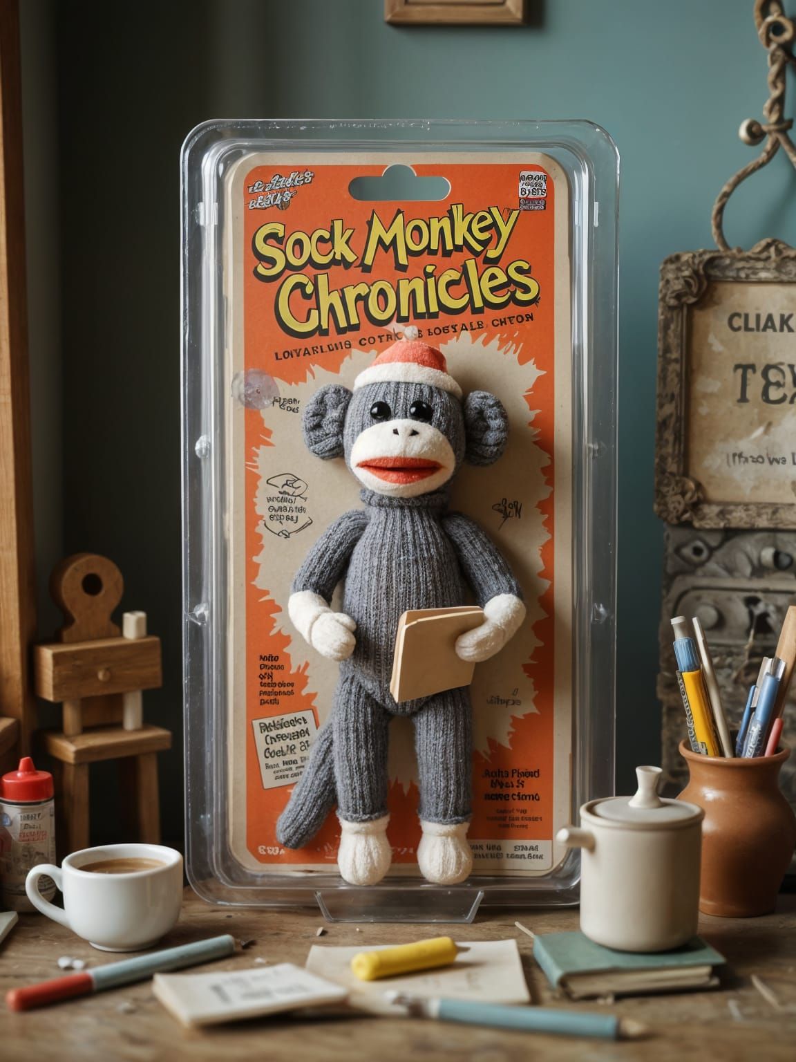 Vintage Sock Monkey Figure in Retro Blister Pack Packaging