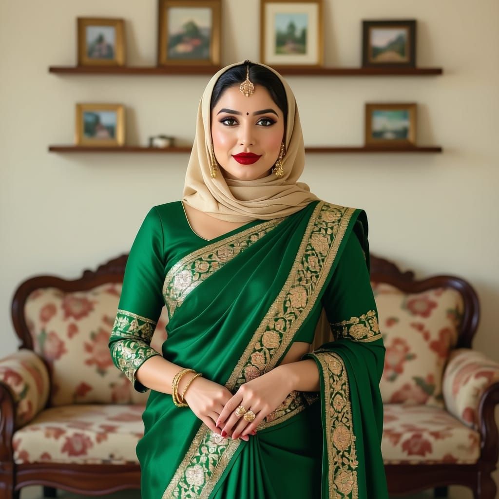 Bengali Woman in Traditional Green Saree