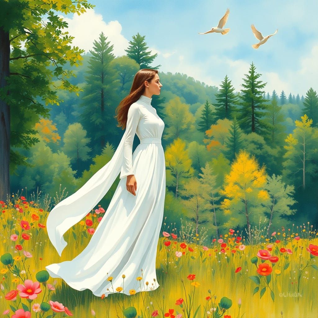 A Serene Woman Amidst Vibrant Blooms in a Dreamy Forest