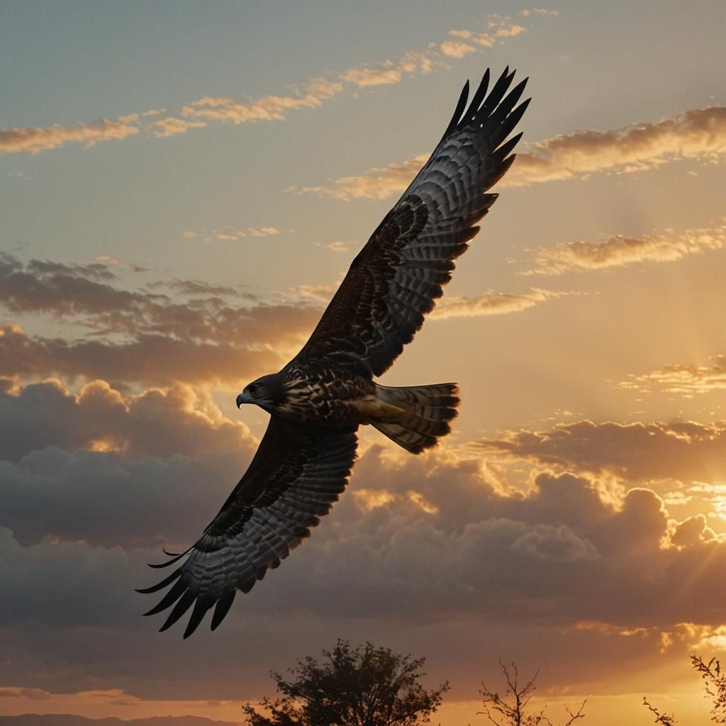 Hawk in Flight at Sunrise: Photorealistic Film Still