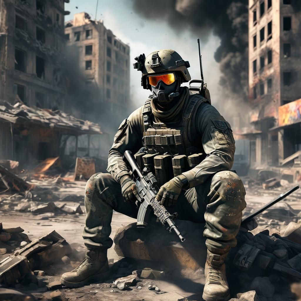 Hyperrealistic War Soldier in a Colorful, War-Torn Landscape