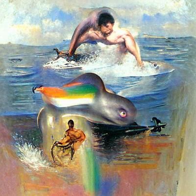 Naked Man Rides Dolphin Under Rainbow