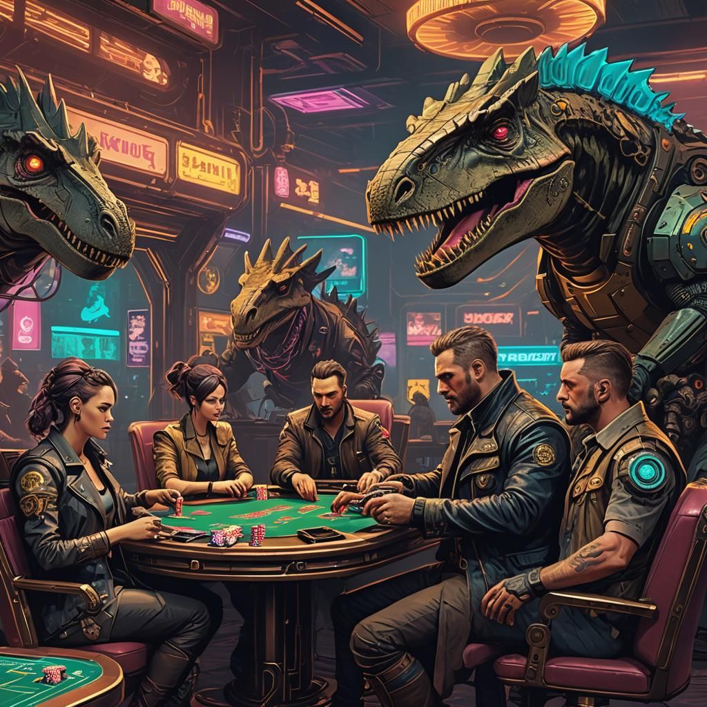 Steampunk Dinosaurs Play Poker in Cyberpunk Style