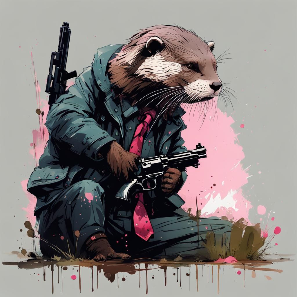 Sad Otter with Gun: Watercolor Art Splash