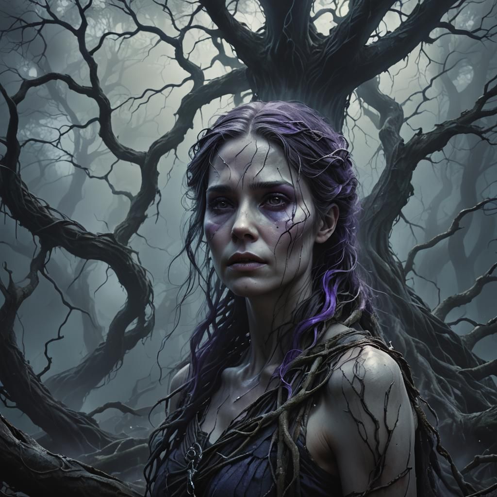 Ethereal Dark Fantasy: Woman in Twisted Forest