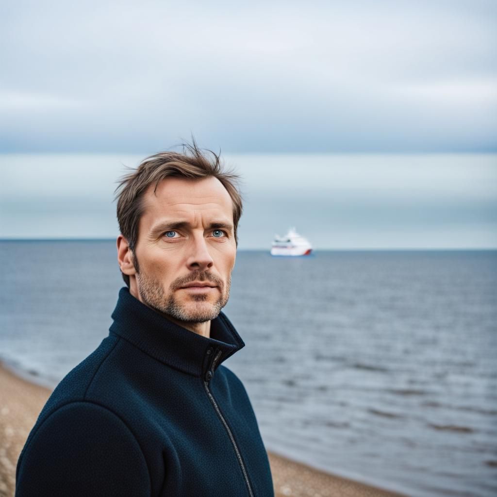 German Man on Baltic Sea Shore in Autumn