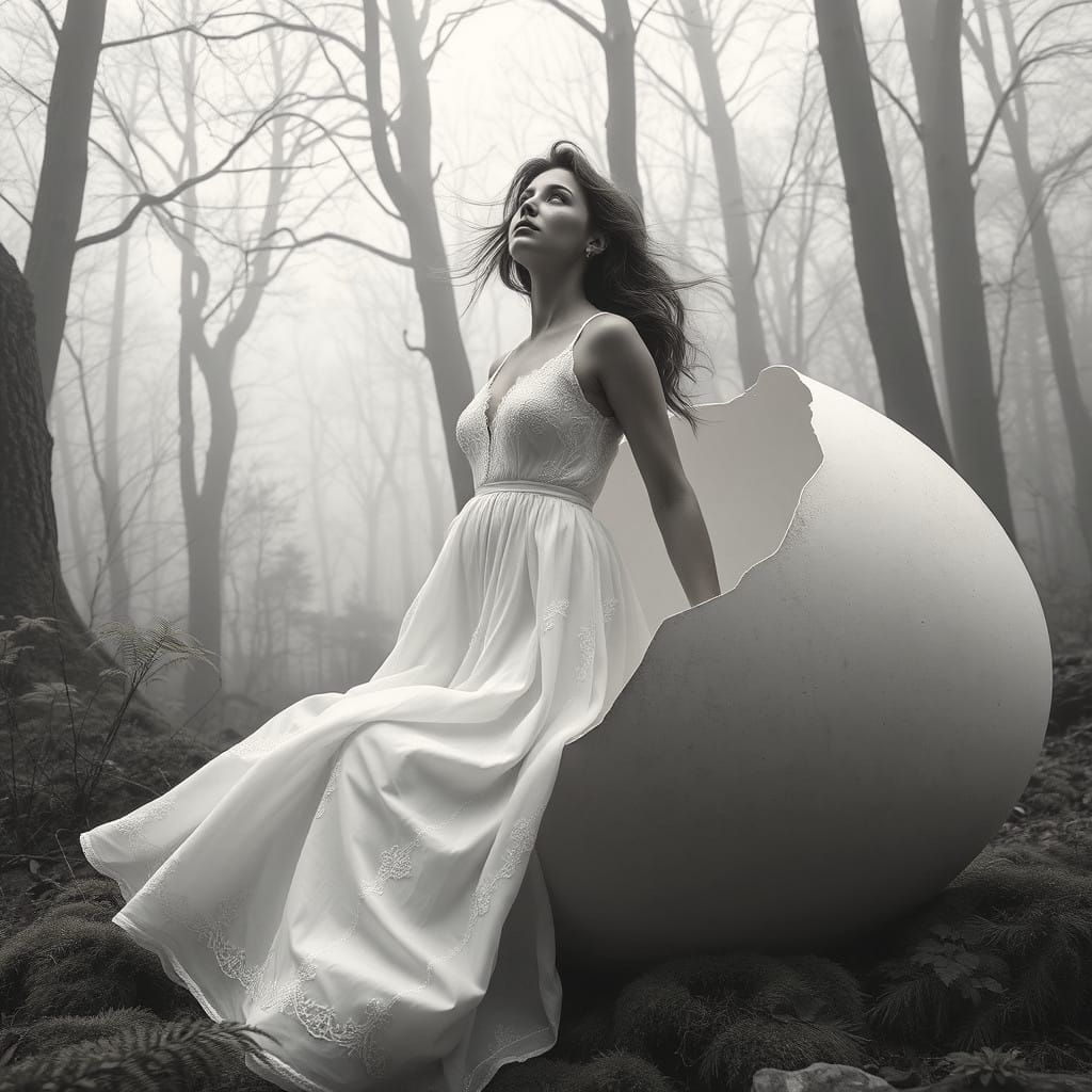 Woman Hatches from Giant Egg: Surreal Fine Art