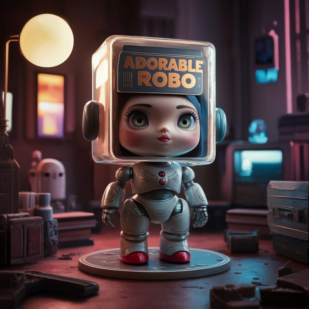 Retrofuturistic Chibi Robot in Vibrant Gold Packaging