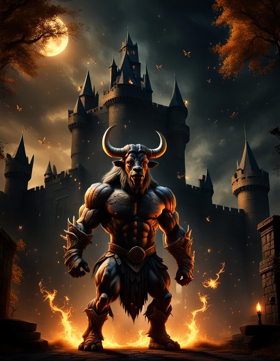 Majestic Minotaur in Haunted Castle: Hyper-Realistic Digital...