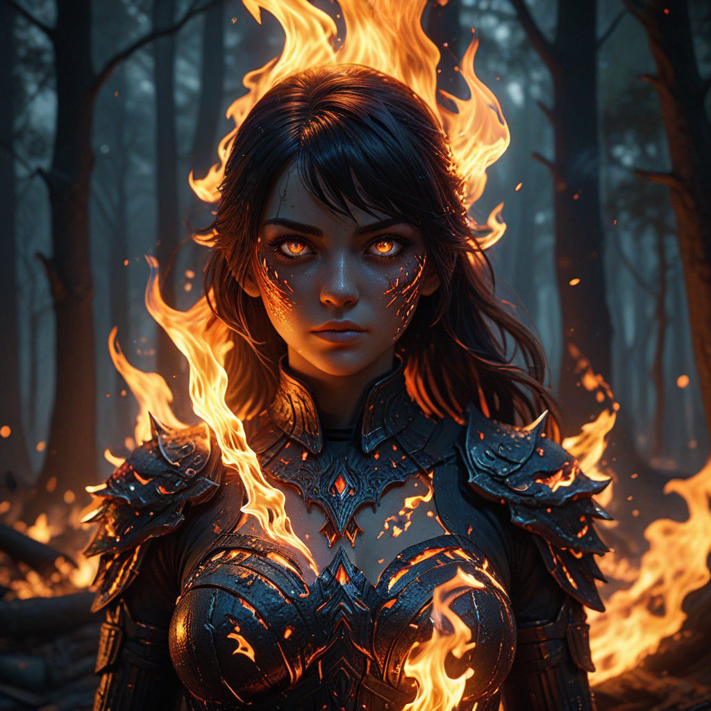 Girl in Ethereal Flames Transcends Dark Forest
