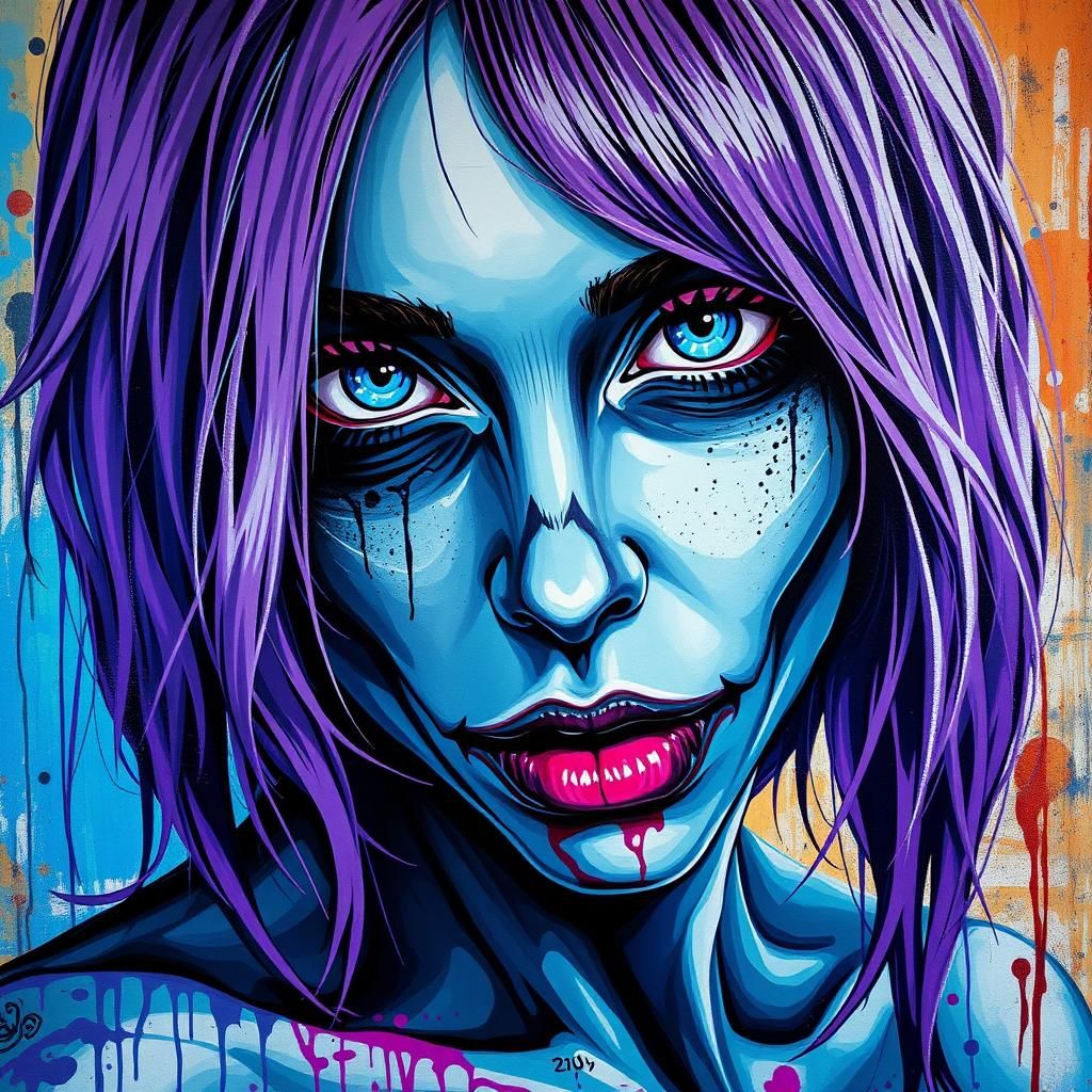 Beautiful gothic woman part human part zombie with purple ha...