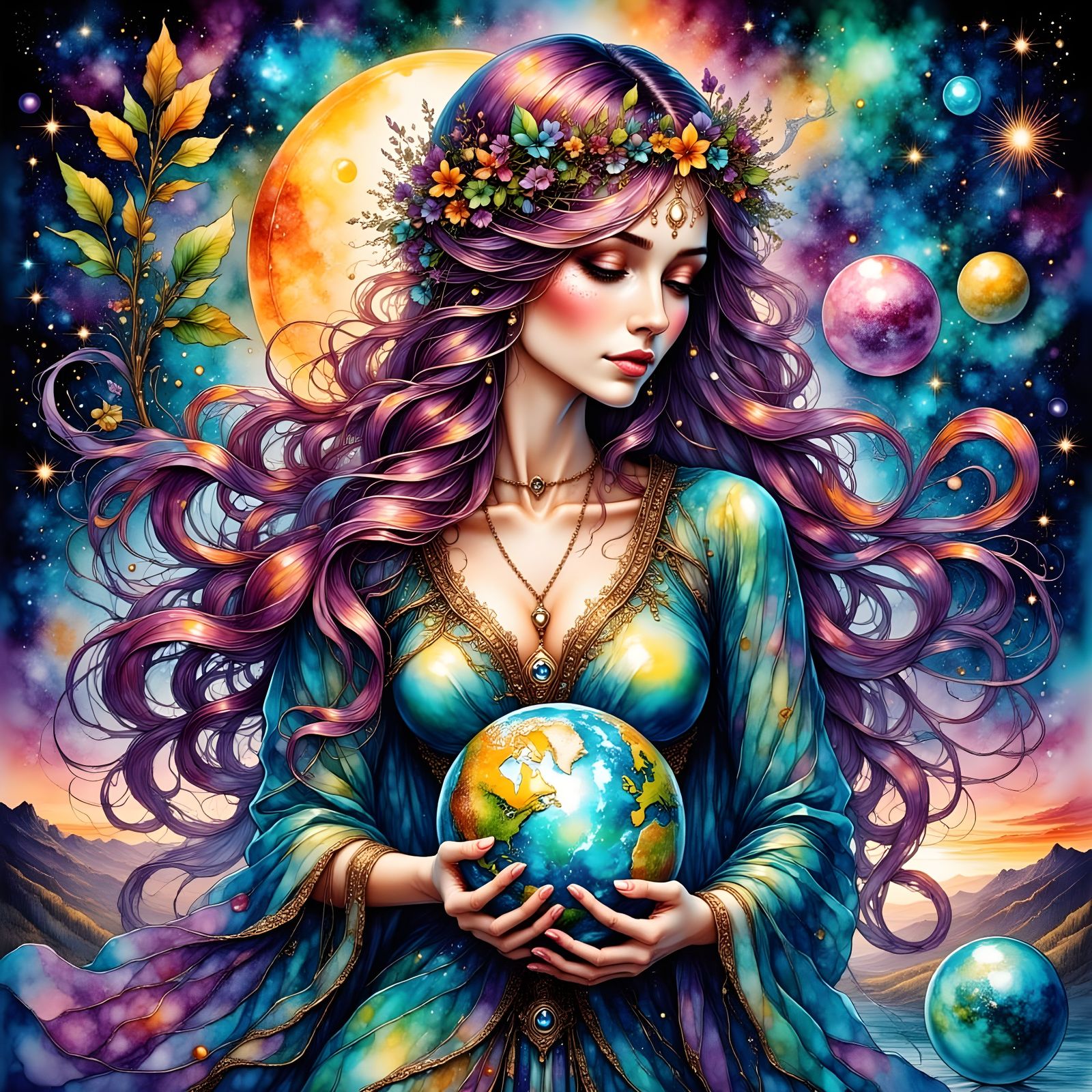 Ethereal Goddess of Creation in Whimsical, Cosmic Landscape