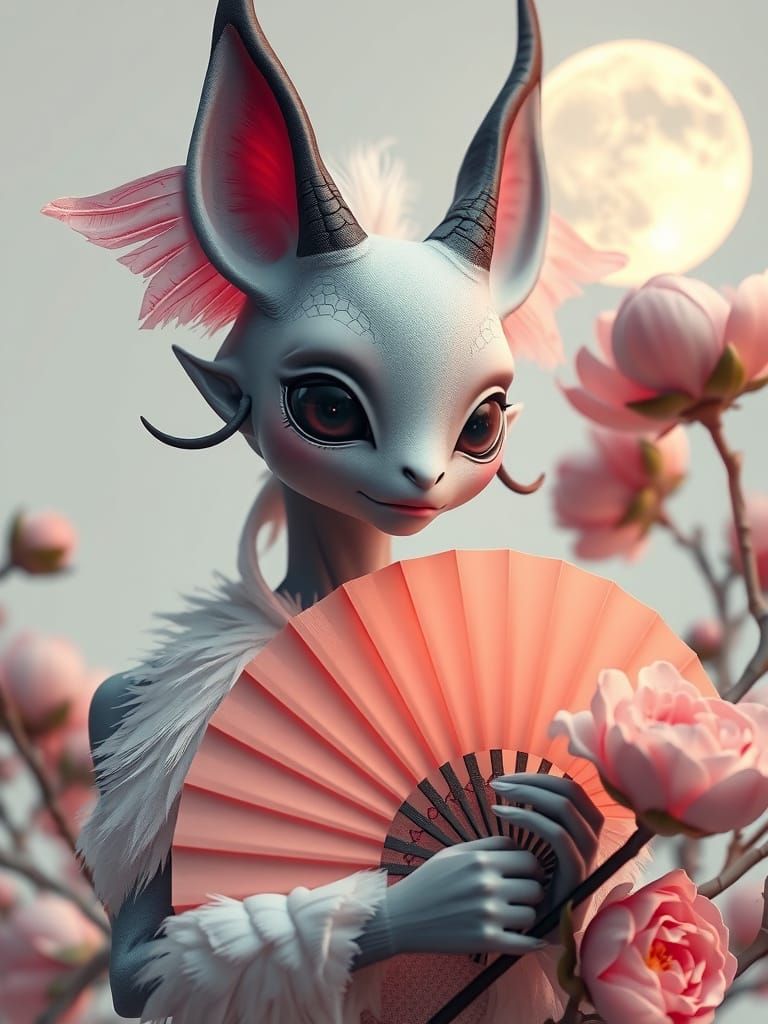 Kitsune Alien Portrait with Peonies in 3D Render