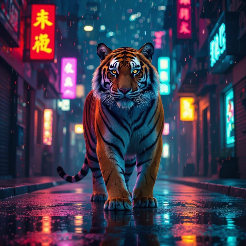 Majestic Tiger in Futuristic City Alleyway at Night