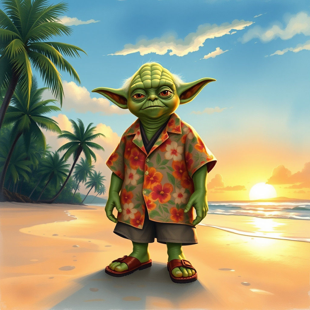 Yoda's Hawaiian Vacation: Whimsical Watercolor Beach Scene
