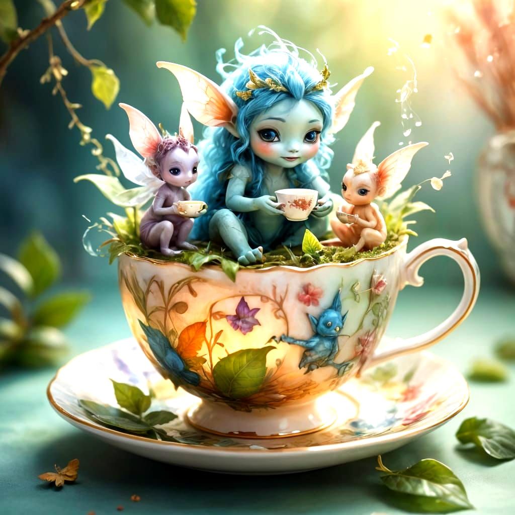 Whimsical Faeries and Monsters Share Tea in a Teacup Scene