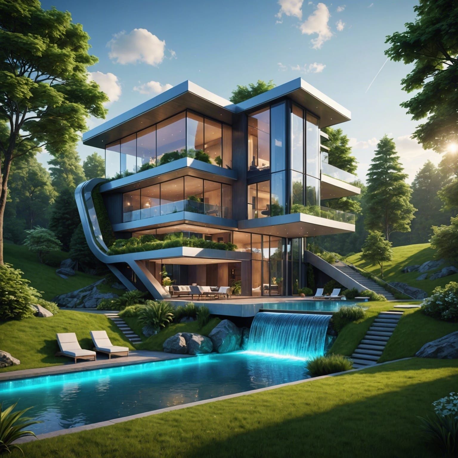 Futuristic Eco-Friendly Dream House with Waterfall