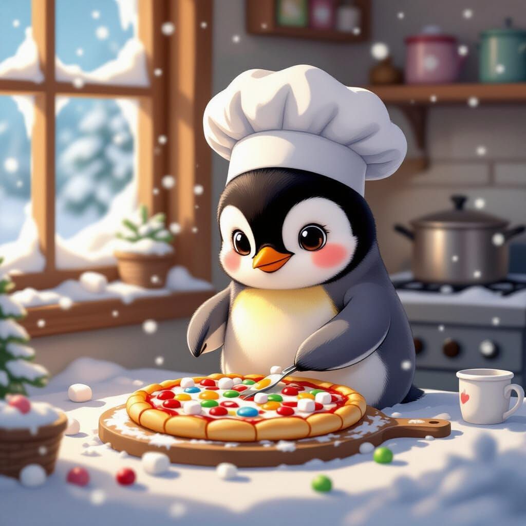 Penguin Chef Makes Candy Pizza, Ghibli Style