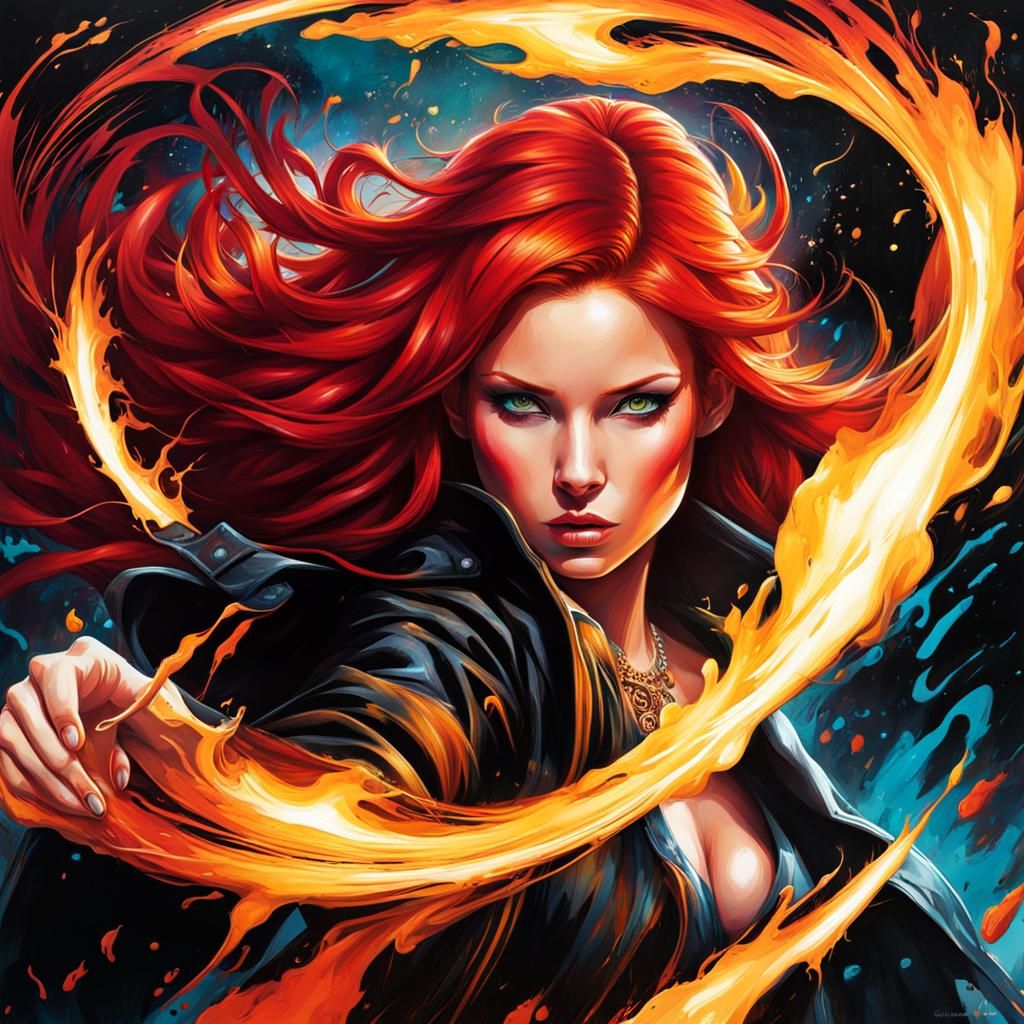 Fearless Red-Haired Fire Spirit in Graffiti Art
