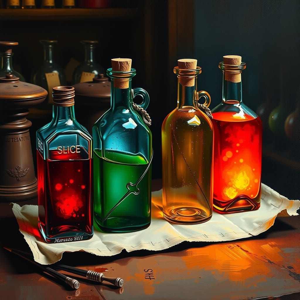Antique Potion Bottles Glowing with Vibrant Liquids