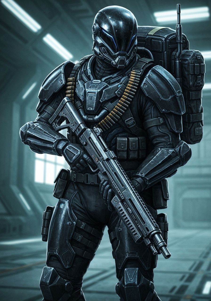 Sci-Fi Soldier in High-Tech Armor with Energy Rifle