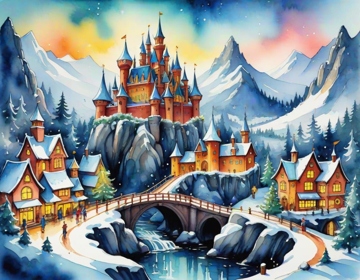 Vibrant Holiday Fantasy in Wet Watercolor Style