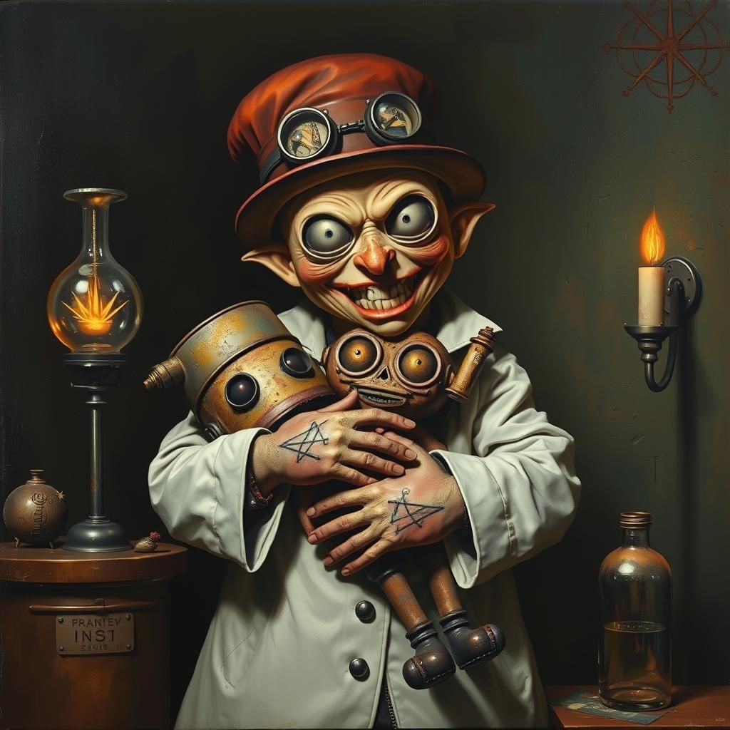 Dieselpunk Mad Scientist with Doll, Oil Painting