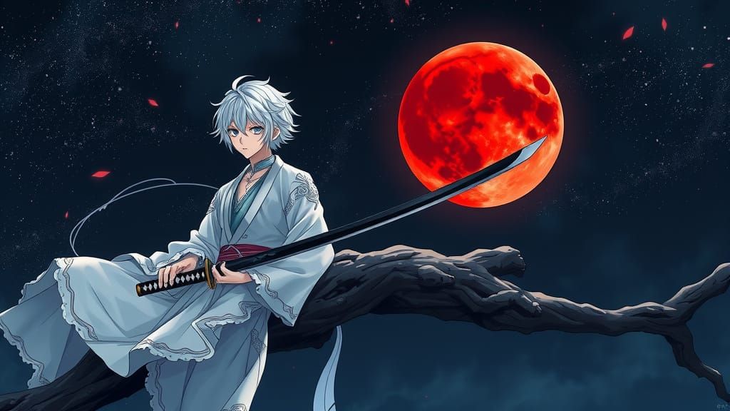 Mystical Boy with Heterochromia Wields Black Katana Under Cr...