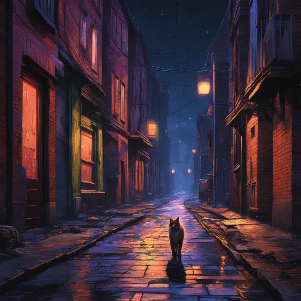 Mysterious Nighttime Cityscape with a Glowing Feline Figure