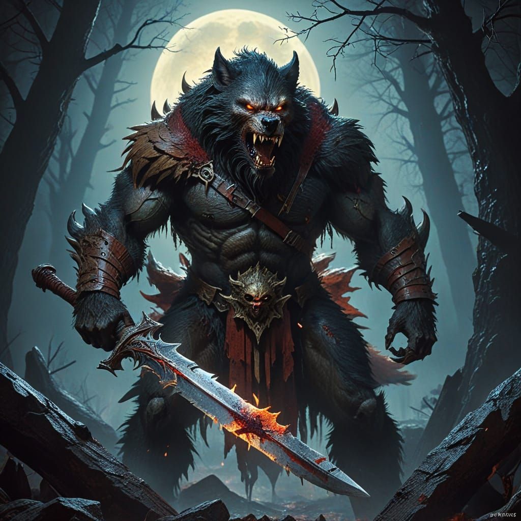 Werewolf Wields Bloody Sword in Dark Fantasy Art