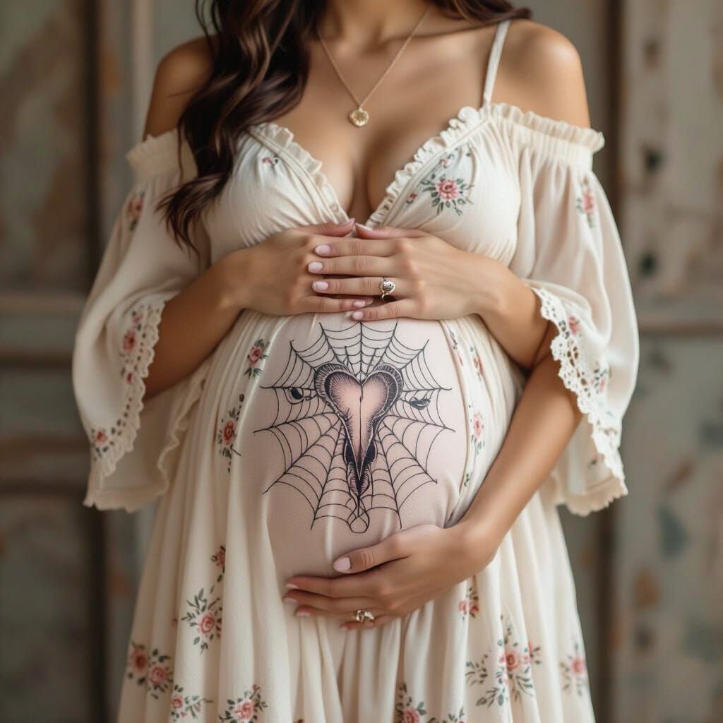 Uterus Spiderweb Tattoo on Woman's Belly