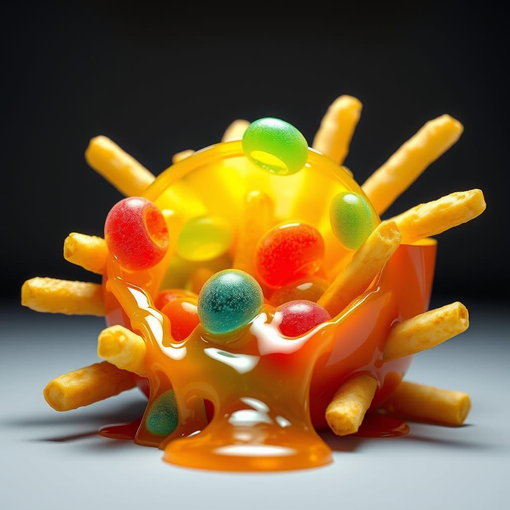 Surreal Candy and Fries Scene in AAA Videogame Style