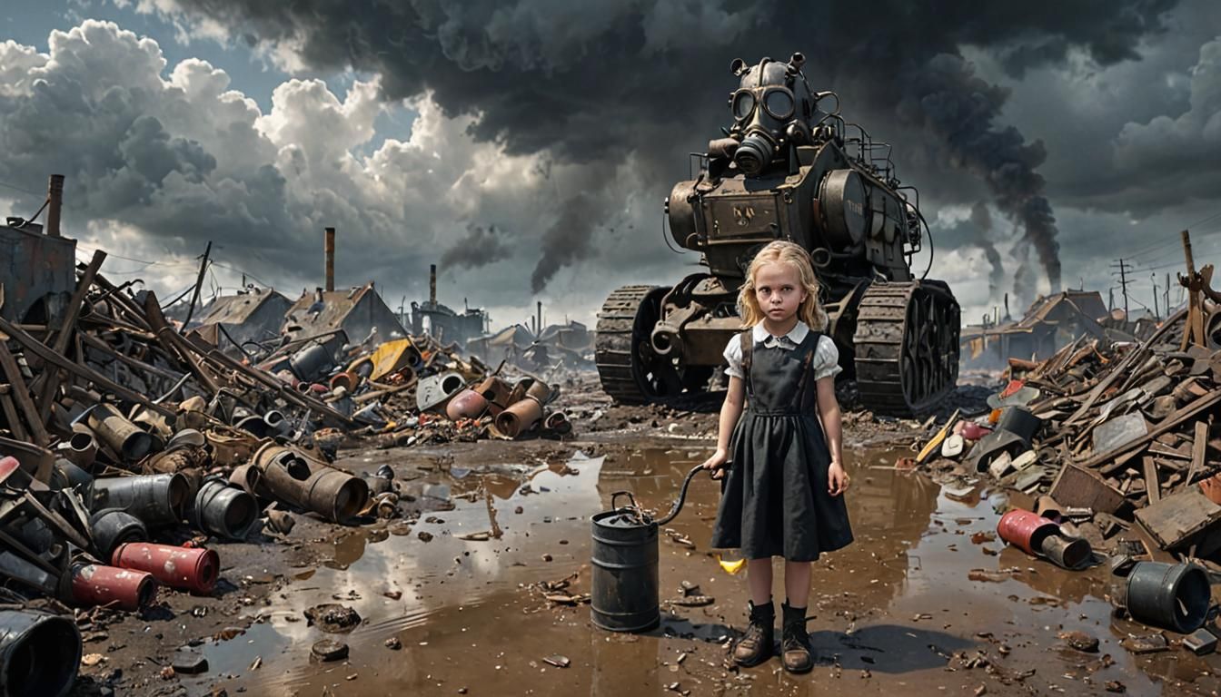 Grimdark Wasteland: Ruined Industrial Scene in Vivid Colors