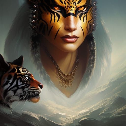 Tiger Woman Portrait in Dark Fantasy Style