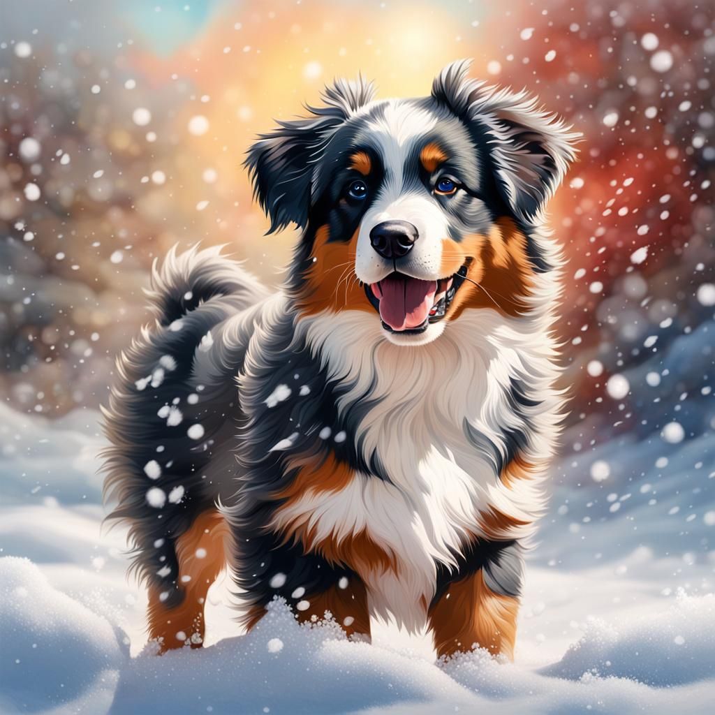 Australian Shepherd Puppy in Snow: Hyperrealistic Art