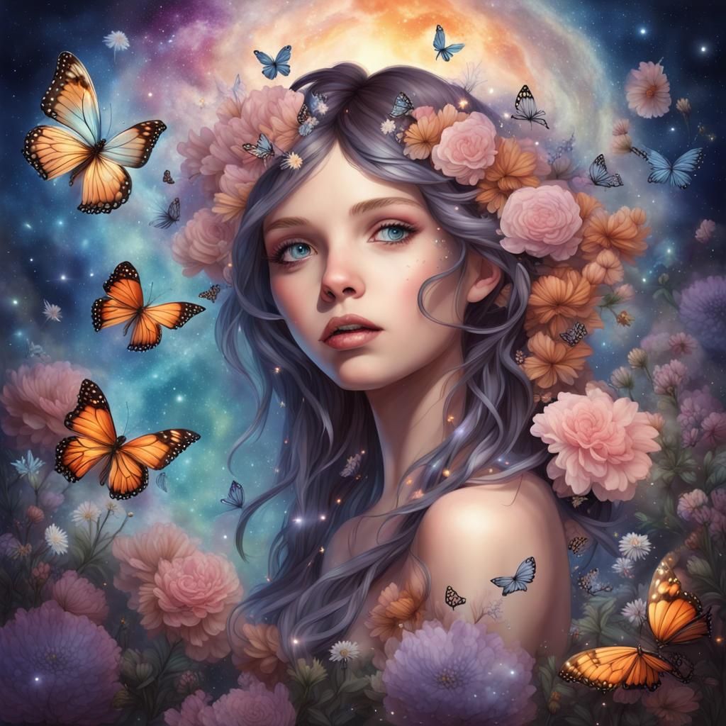 Cosmic Fairy Girl with Flowers and Butterflies
