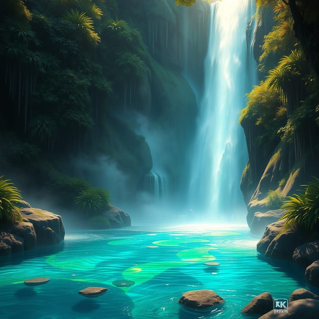 Rainbow Waterfall in a Fantastical Landscape