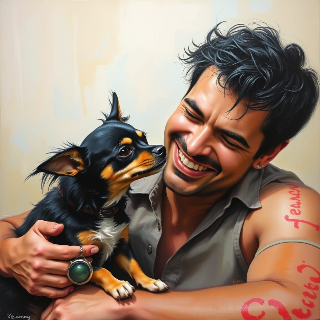 Handsome Latino Man Enjoys Time with Playful Chihuahua