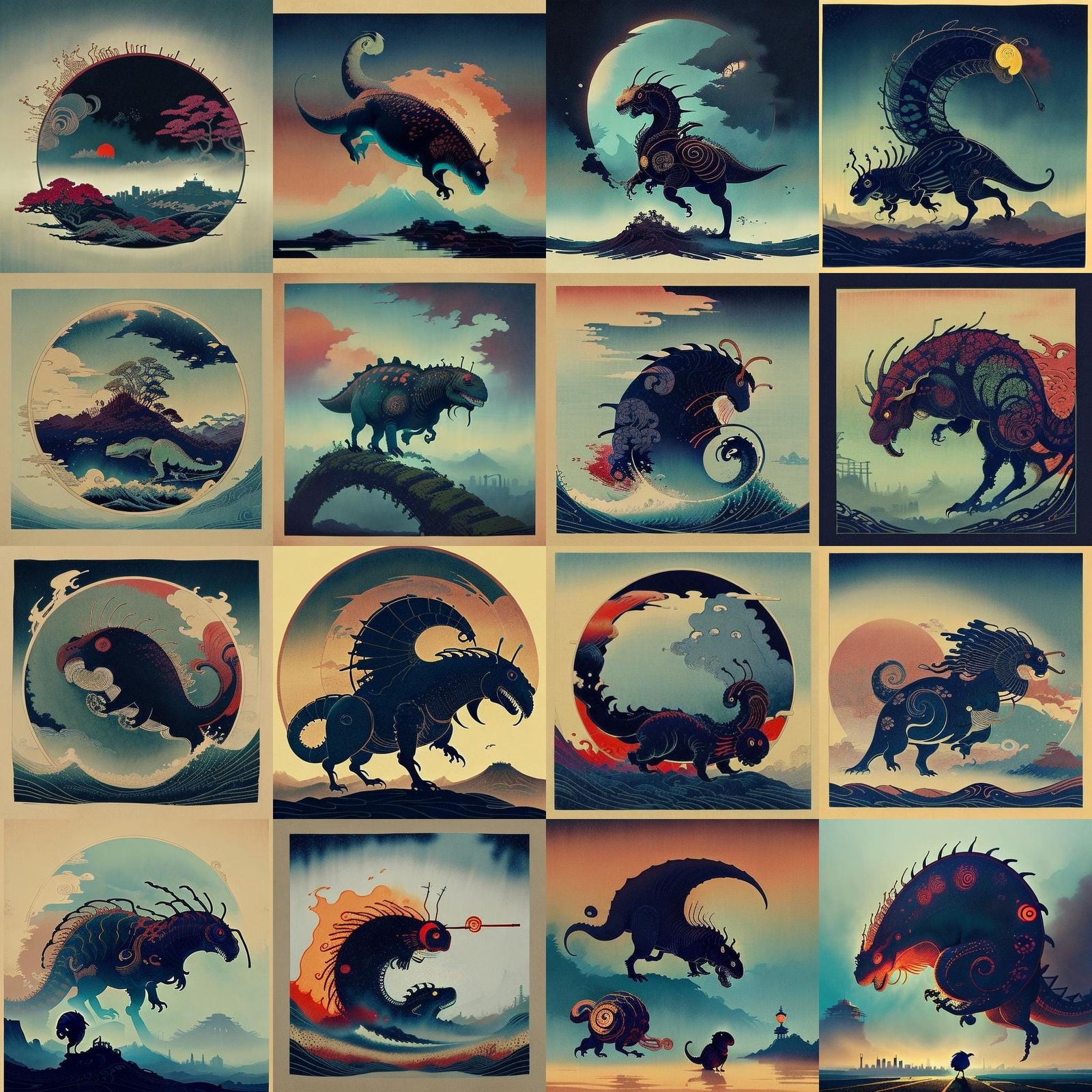 Cartoon T-Rex in Foggy City, Anime Ukiyo-e Style