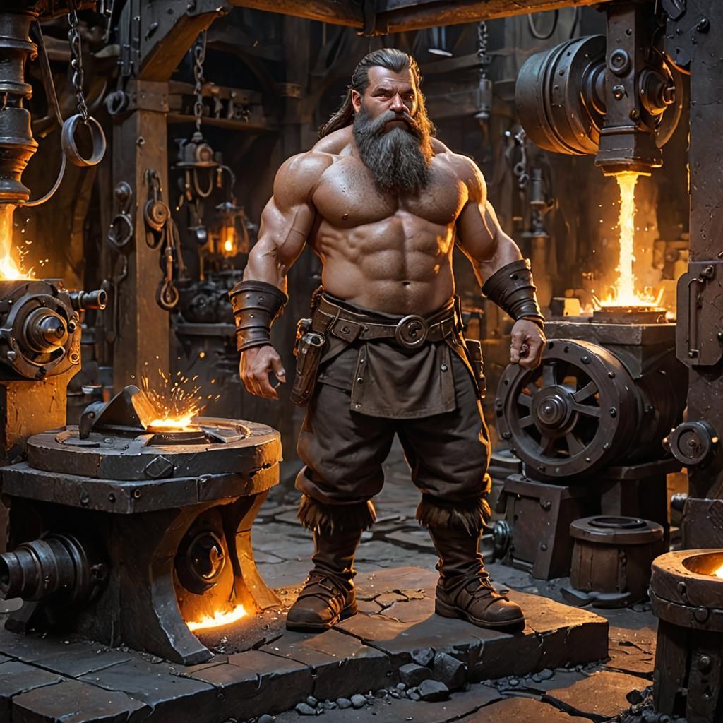 Dwarf Blacksmith in Ancient Forge with Futuristic Elements