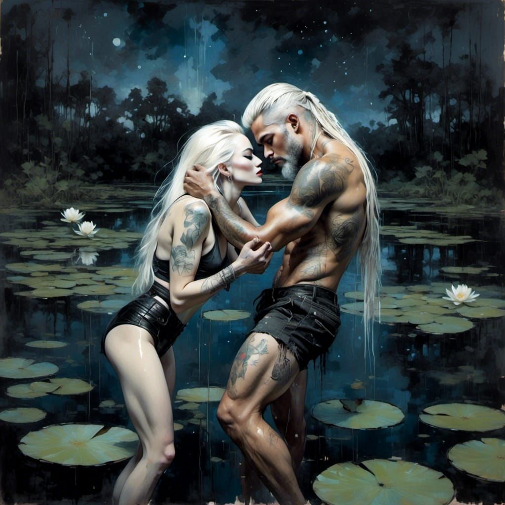 Gay Kiss in Waterlily Pond Under Northern Lights