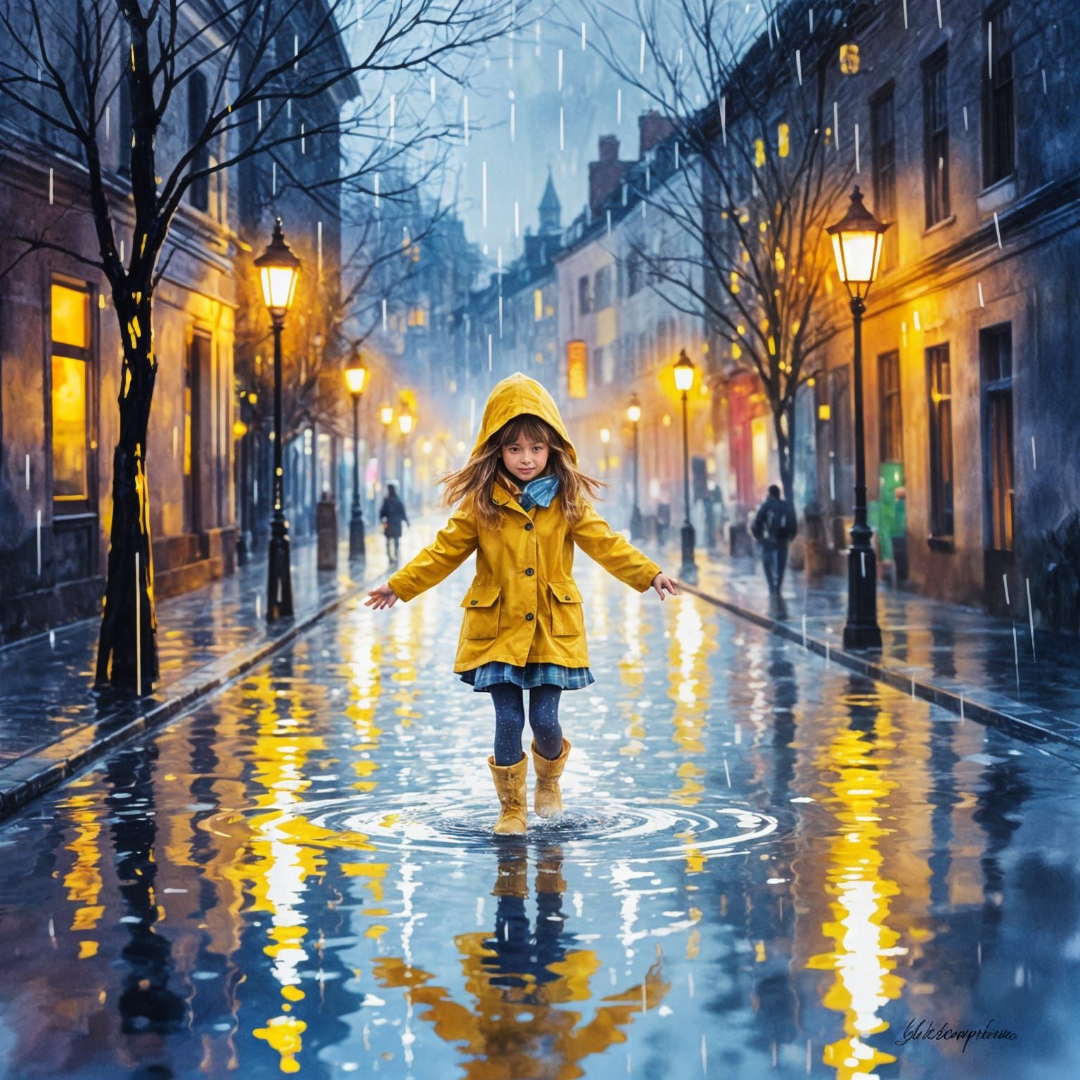 Girl in Yellow Raincoat Splashing in Puddles