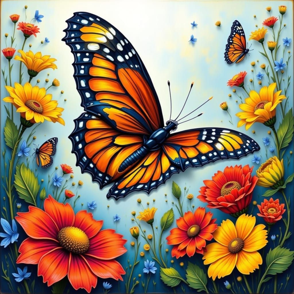 Butterfly Among Flowers in Caricature Style