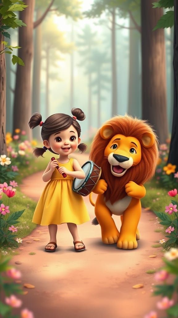 Girl and Lion in Forest, Watercolor Digital Art