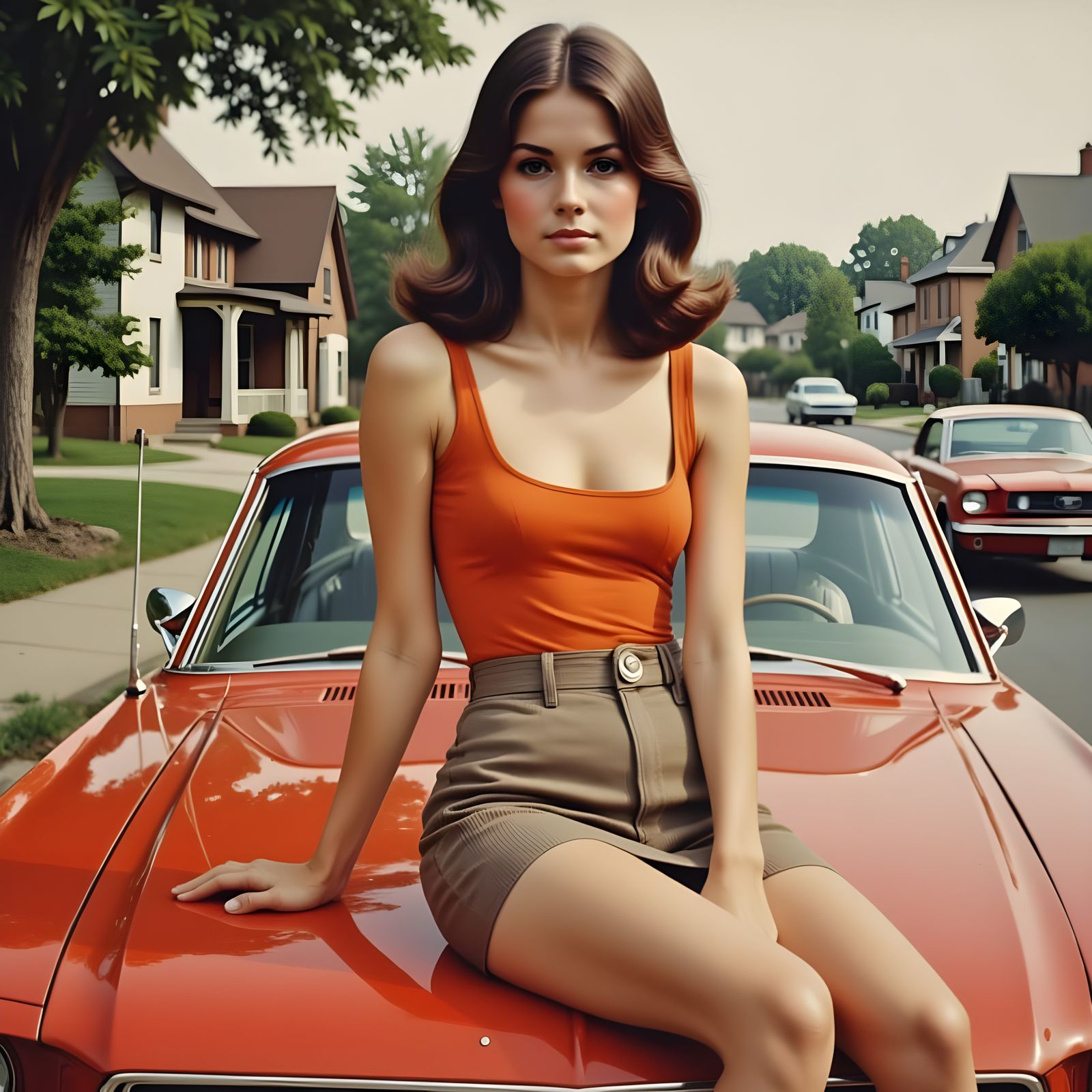 Young Woman in 1960s Chic, Sitting on a Red Ford Mustang