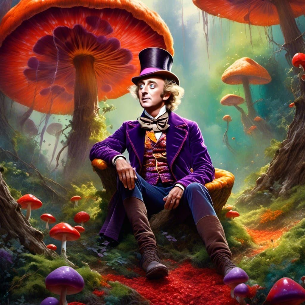 Willy Wonka on Candy Mushroom, Detailed Digital Painting
