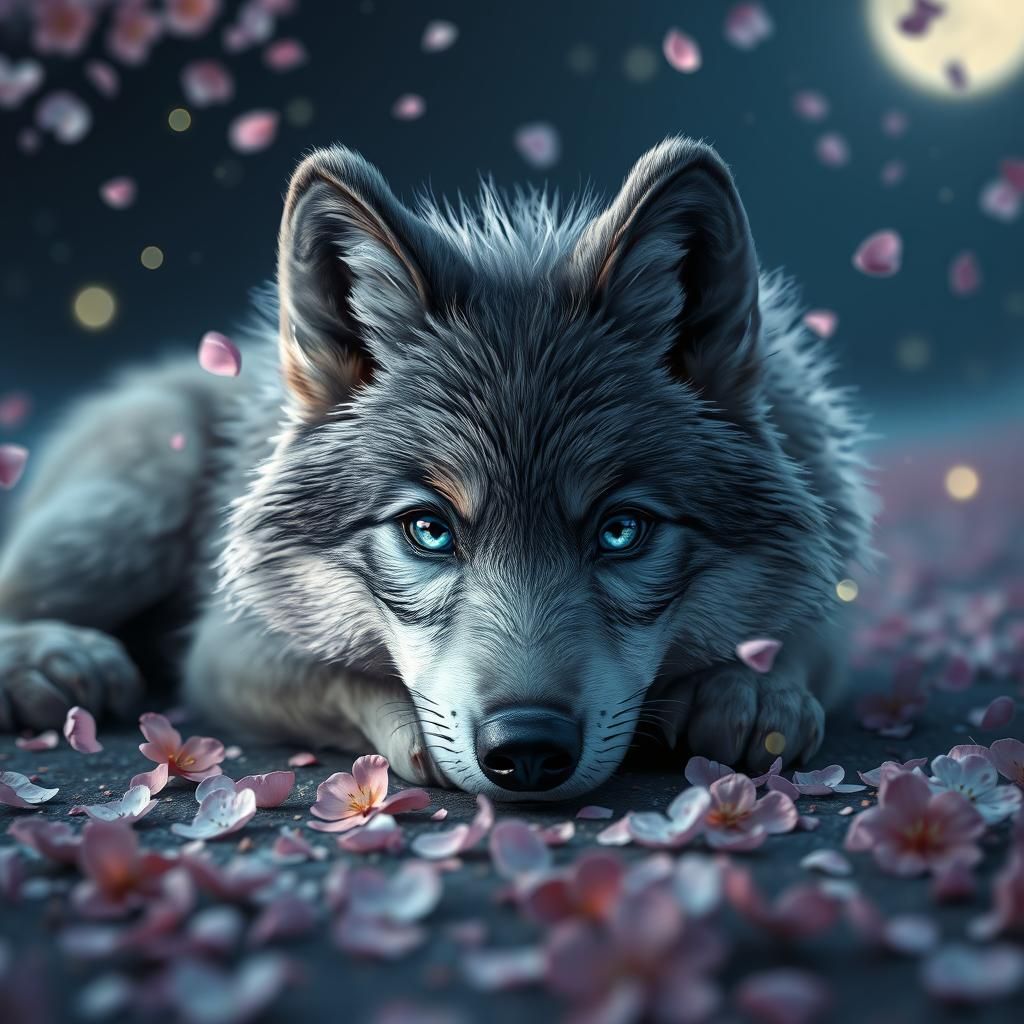 Adorable Wolf with Blue Eyes in Enchanted Garden