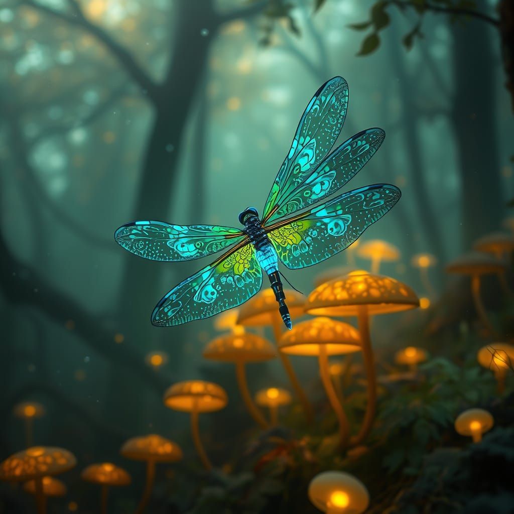 Enchanted Bioluminescent Dragonfly in a Misty Hyperrealistic...