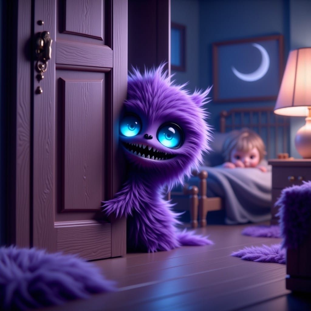 Chibi Monster Peeking in Bedroom, Dreamlike Art